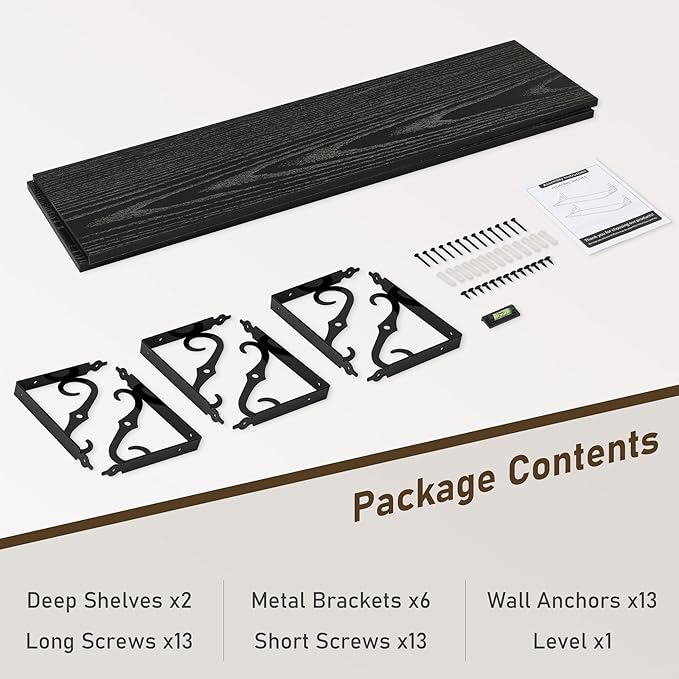 Deep Floating Shelves, 48" W x 12" D Wall Shelves Set of 2, Wide Display Shelf Wall Mounted with Brackets, Bookshelf for Living Room, Bathroom, Bedroom, Black