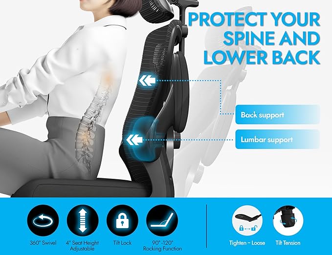 Ergonomic Office Chair - Mesh Desk Chair with Adjustable Lumbar Support High Back Computer Gaming Chairs - Big and Tall Office Chairs Adults, Comfortable for Long Hours, Black