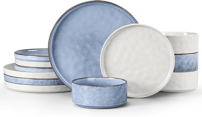 LIANYU Dinnerware Sets for 4, 12 Piece Stoneware Dinner Plates and Bowls Dish Set, Kitchen Dining Speckled Tableware Dishware, Microwave & Dishwasher Safe, Polar White & Serenity Blue