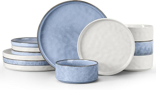 LIANYU Dinnerware Sets for 4, 12 Piece Stoneware Dinner Plates and Bowls Dish Set, Kitchen Dining Speckled Tableware Dishware, Microwave & Dishwasher Safe, Polar White & Serenity Blue