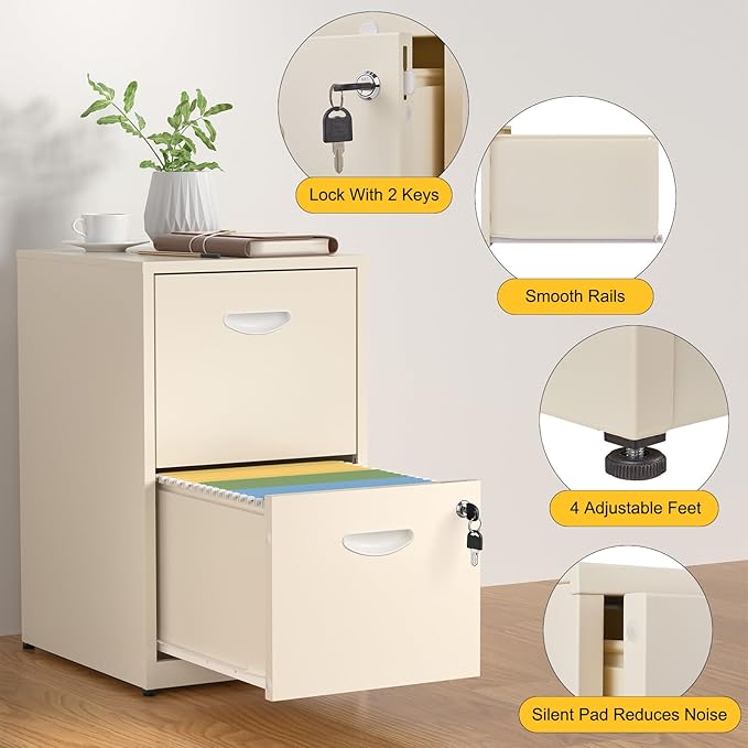 2 Drawer File Cabinet with Lock,Metal File Cabinets for Home Office,Two Drawers Cream Filing Cabinets for Home Office, Office File Cabinets for Hanging Letter,Easy Assemble
