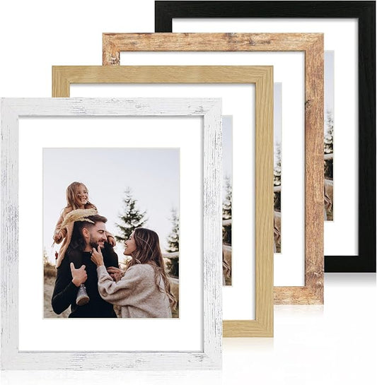 11x14 Picture Frame Set of 4, High Definition Tempered Glass 11 x 14 Photo Frames for Wall Mounting(Distressed White+Oak+Rustic Brown+Black)