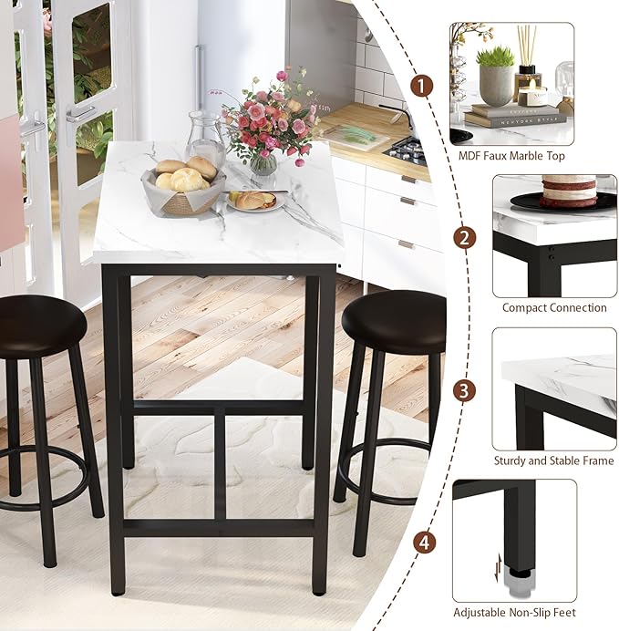 Dining Table Set, 23.6” Square Faux Marble Table with 2 PU Upholstered Backrest Chairs, 3-Piece Kitchen Dining Room Set for Small Spaces, Kitchen, Restaurant Furniture, White