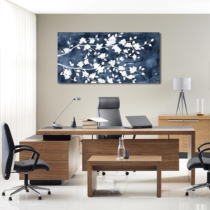 NINEASO Abstract Flowers Canvas Wall Art - Gray White Tree Floral Branches Pictures Wall Decor White Blossom Deep Indigo Blue Background Painting Artwork for Living Room Bedroom Home Decor 24" x 48"