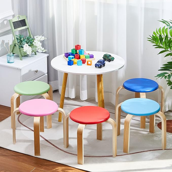 Sintuff 12 Inch Wood Stackable Classroom Stools Bentwood Stacking Chairs for Kids Colorful Round Nesting Stools Pack of 6 for Toddlers Adult Playroom Daycare Home Office