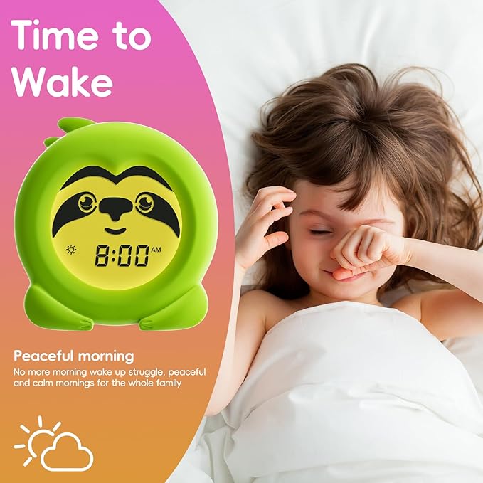 B&H Sleep Trainer Clock for Toddler - Ok to Wake Clock, USB Rechargeable Cute Kids Alarm Clock, Drop Proof Night Light, Science-Backed Lighting for Peaceful Sleep and Ready to Rise Mornings - Sloth