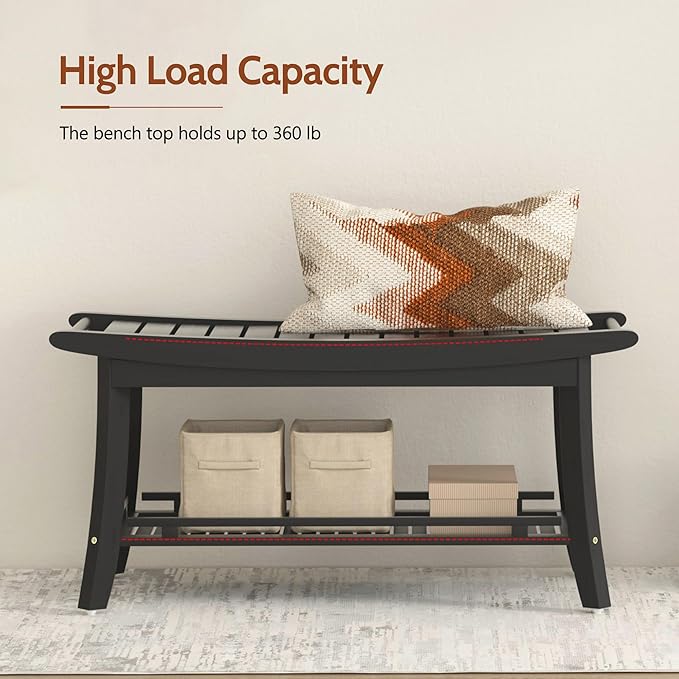 Bamboo Entryway Storage Bench with Shelves Shoe Rack Bench Seat Organizer for Porch Bedroom Bathroom Balcony 39 x 13 x 19.2 Inches Black