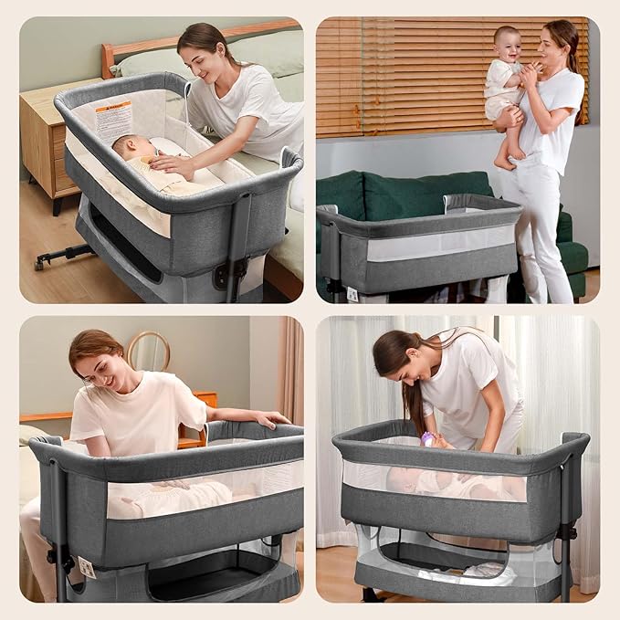 3 in 1 Baby Crib,Bassinet Bedside Crib Adjustable Portable Bed for Infant,Baby Newborn Must Have Bed,Grey
