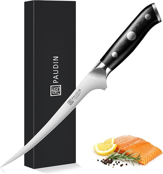PAUDIN Fillet Knife, 7 Inch Boning Knife, High Carbon German Steel Fish Knife for Meat Cutting Trimming Deboning, Full Tang Ergonomic G10 Handle