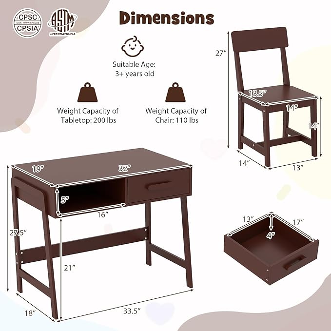 HONEY JOY Kids Desk and Chair Set, Wooden Children School Study Table and Chair w/Storage Drawer & Hutch, Student Writing Desk Computer Workstation for Bedroom, Gift for 3+ Years Old (Brown)