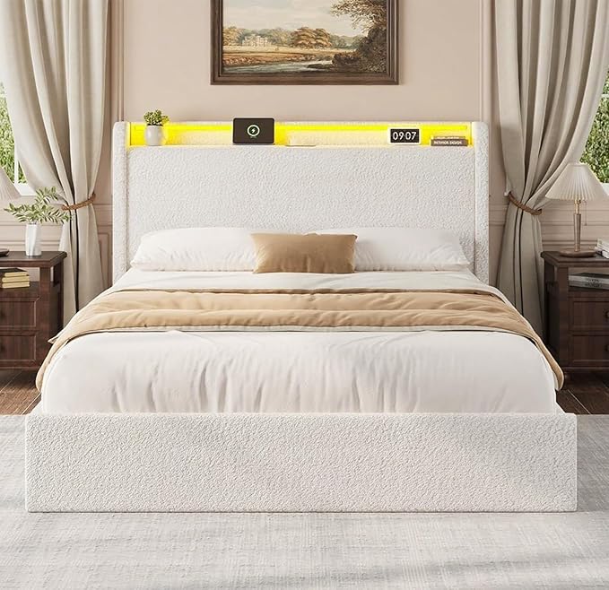 Queen LED Bed Frame with 4 Storage Drawers and Storage Headboard, Soft Boucle Upholstered Platform Bed Frame with Charging Station and USB Ports, Solid Wood Slats Support, No Box Spring Needed, White