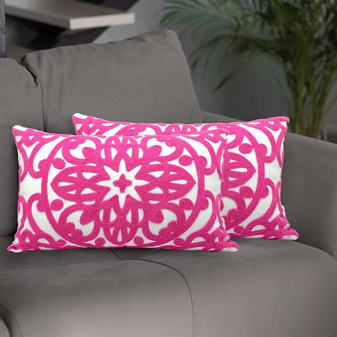 Alysheer Embroidered Lumbar Decorative Throw Pillow Covers 12"x 20" Set of 2, Classic Boho Mandala Embroidery Pattern Cotton Rectangular Cushion Case for Sofa Couch Bed Living Room(Bright Hot Pink)