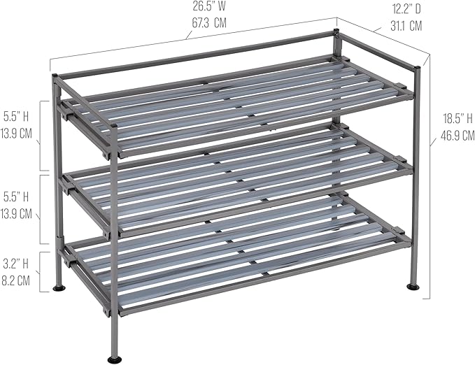 Seville Classics Sturdy Freestanding Storage Shelf for Bedroom, Closet, Entryway, Dorm Room Organizer Stackable Durable Metal Shoe Rack Silver Mist Slat, 3-Tier