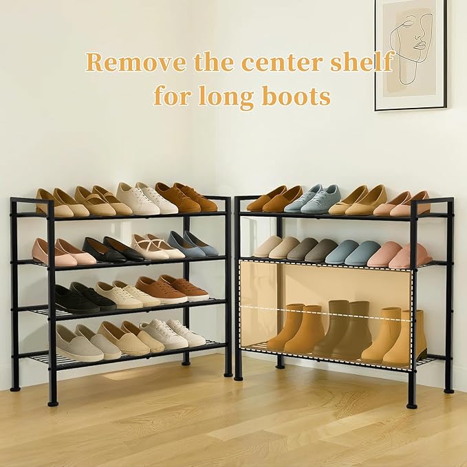 Simple 4 Tier Shoe Rack,Metal Stackable Shoe Storage Organizer for Closet,Entryway, Bedroom, Black (Black, 4-Tier)