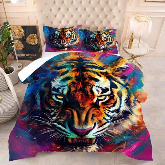 Tiger Comforter Set King for Kids Boys Tie Dye 3D Animal Print Bedding Comforter Cover Wildlife Tiger Theme Bedding Set Microfiber 3 Pcs with 1 Comforter and 2 Pillowcases