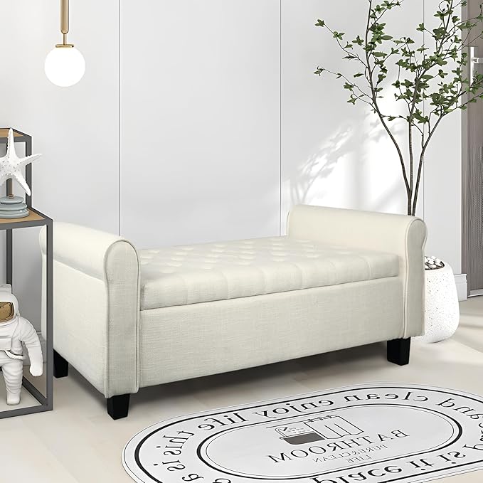 Storage Ottoman Bench with Arms, End of Bed Bench for Bedroom, Button Tufted Storage Bench for Entryway, Living Room,Hallway, Large Storage Bench Foot Rest (Beige)