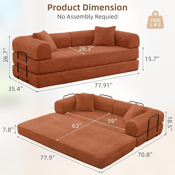 Rovibek 4-in-1 Convertible Sleeper Sofa Bed Queen Size, Foldable Floor Couch Corduroy, Folding Futon Sofa Beds with Pillow and Fixed-Shape Frame, Suitable for Living Room, Bedroom, Lounge, Orange