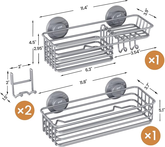 LEVERLOC Shower Caddy Suction Cup, 2 Pack Shelves for Inside with Hooks and Soap Holder, NO-Drilling Bathroom Holder, Rustproof Meatl Bathroom Organizer, Grey