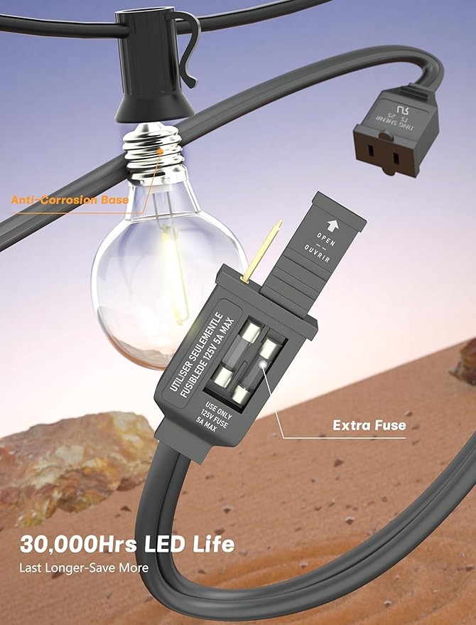 SUNSGNE G40 LED Globe Outdoor String Lights Waterproof Shatterproof, 25FT Outdoor Globe Lights with 25 LED Plastic Clear Light for Café Bistro Porch Pergola Tents Balcony Decor, Black Wire