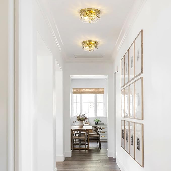 LamQee 9.8" Small Flush Mount Ceiling Light with Clear Hammered Glass, Brushed Gold Hallway Light Fixtures Ceiling Mount for Bathroom, 2-Lights Farmhouse Close to Ceiling Light Kitchen Foyer Bedroom