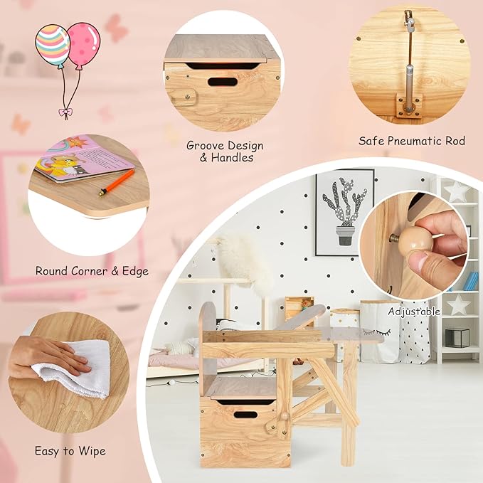 HONEY JOY Kids Table and Chair Set, 3-in-1 Convertible Wooden Toy Storage Bench with Handle, Toddler Furniture Set for Daycare Playroom, Gift for Boys Girls 3+ (Natural)