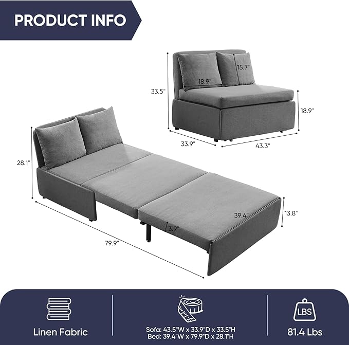2 in 1 Pull Out Sofa Bed Full Size, Small Convertible Sleeper Sofa Couch, Linen Folding Guest Bed with Wheels and Cushions Pillow, Futon Sofas Couch Beds for Bedroom Office Lounge - Light Grey