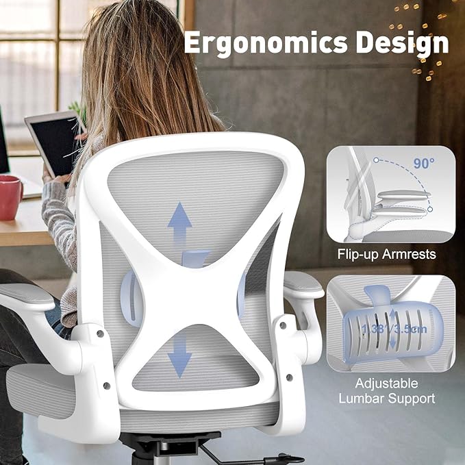 Ergonomic Office Chair with Adjustable Lumbar Support, Mesh Home Office Desk Chair with Wheels and Flip-up Arms, Grey