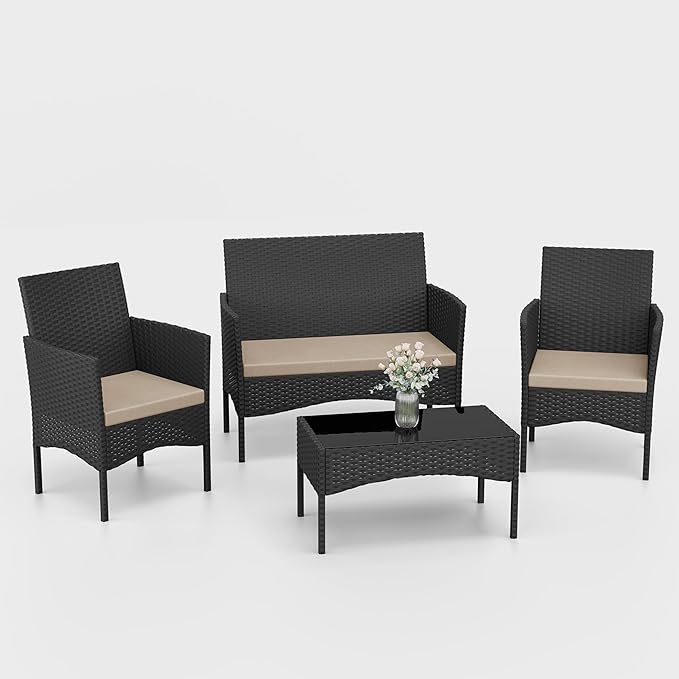 Kurapika Patio Furniture Set 4 Pieces Outdoor Wicker Rattan Chairs Conversation Sets w/Coffee Table, Rocking Bistro Set, for Patio Lawn Backyard (Sand)