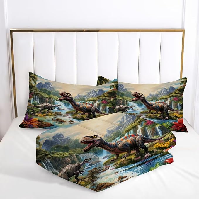 Twin Dino Comforter Set for Boys Colorful Dinosaur Bedding Set for Boys Room Decor Microfiber Dino Bed Set with 1 Comforter + 1 Pillowcase