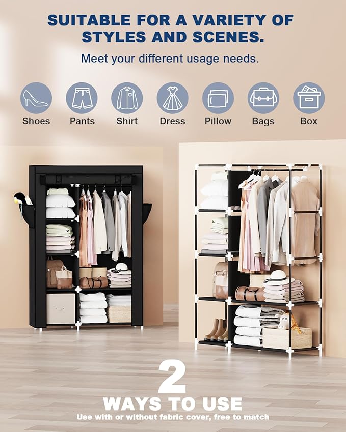 Mavivegue Portable Closet,Portable Closet,Wardrobe,Storage Closet with Cover,Free Standing Closet for Bedroom,Black,2 Rows, 43" W x 18" D x 64" H