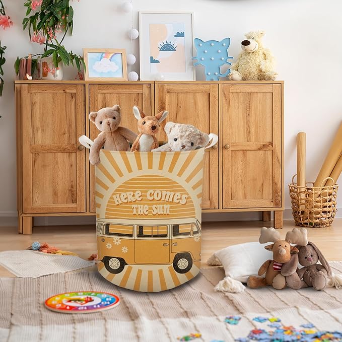 Here Comes the Sun Laundry Basket, 70s Retro Boho Sunshine Waterproof Collapsible Laundry Hamper Dirty Clothes Storage Toy Bin Organizer for Bathroom Bedroom Nursery Kids Room