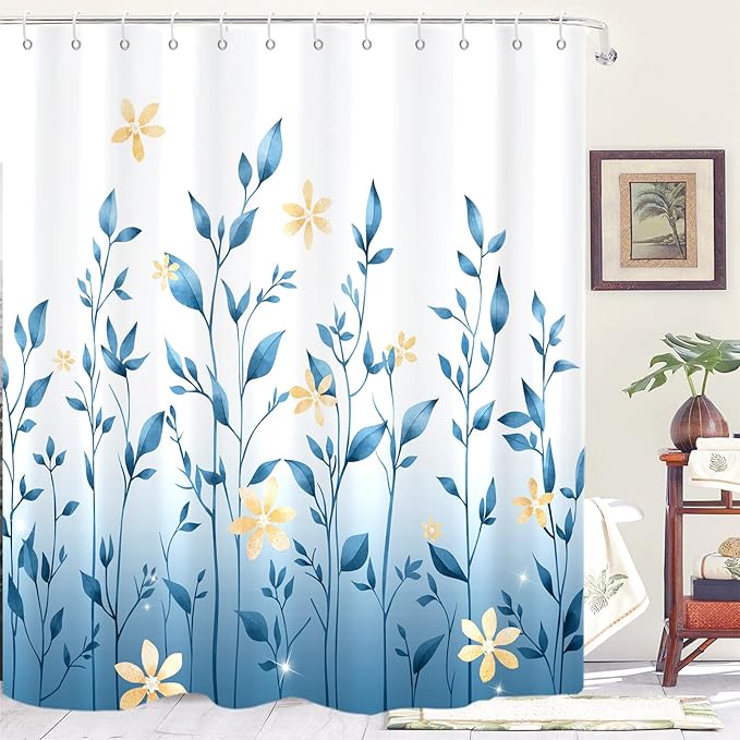 Eucalyptus Shower Curtain, Ombre Floral Leaves Plant Washable Fabric Bath Decor with 12 Hooks 72x72 inches, Moonlight Blue