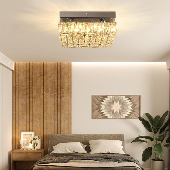 Square Crystal Ceiling Light 10.6" Modern LED Bedroom Chandelier Small Flush Mount Ceiling Lights Fixture for Kitchen Dining Room (Warm Light)