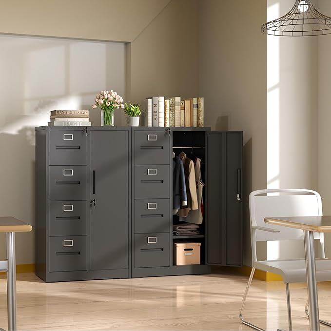 4 Drawer File Cabinet with 1 Door,Black Metal Storage Locker Cabinets for Employees,Home Office Lockable Steel Filing Cabinets for Legal/Letter Size Files, Assembly Required