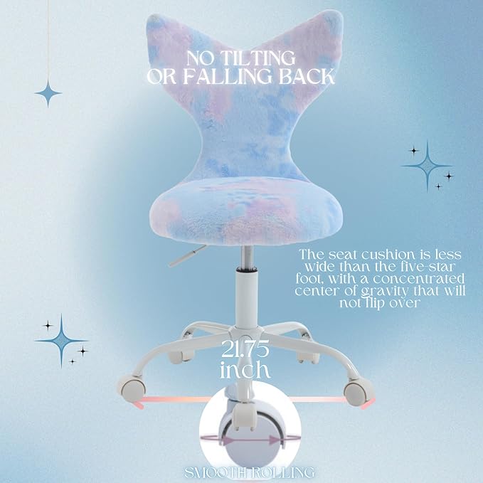 Fuzzy Desk Chair, Cute Swivel Children Desk Chair with Wheels for Kids Bedroom Upholstered Rolling Study Chair Adjustable Computer Chair Mermaid Back Vanity Chair for Teen Girls Boys, Blue Colorful