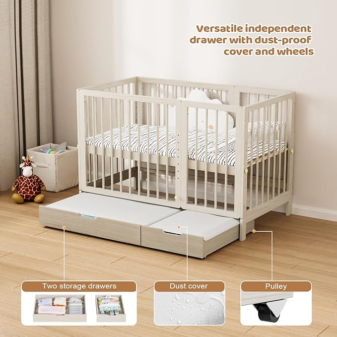 JOYMOR 8 in 1 Convertible Crib with Changer, Include 2” Mattress, Converts to Bassinet, Mid Crib, Full Size Crib, Daybed,Toddler Bed and Playard (Crib with Drawer, Washed Natural)