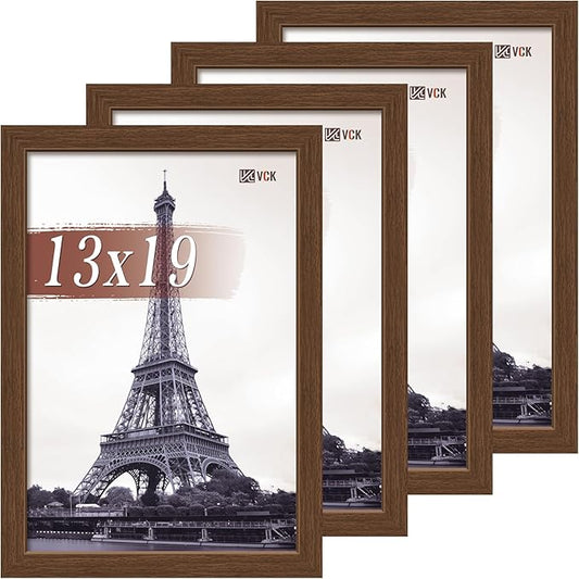 VCK 13x19 Picture Frame Set of 4 - Brown, Gallery-Quality Wood Poster Frames, 1.1-Inch Wide Border, Polished Plexiglass, Vertical or Horizontal Wall Display for Photo/Art/Prints, Brown