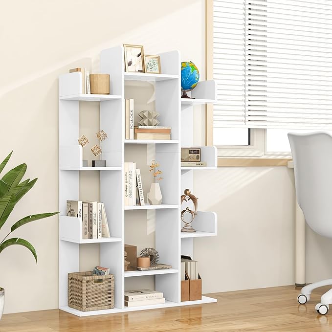 Tangkula White Tree Bookshelf, Freestanding Corner Storage Organizer with 13 Open Shelves, Decorative Display Cube Shelf for Living Room, Study, Office, 34 x 9.5 x 55.5 Inch (1, White)