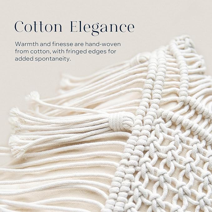 Phantoscope 100% Cotton Handmade Crochet Woven Boho Throw Pillow with Tassel Cute Farmhouse Pillow Insert Included Lumbar Small Decorative Cushion for Couch Sofa, Off White,16 inches Round