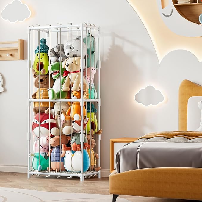 Stuffed Animal Storage Zoo Toy Organizer Corner Chest Plush PVC Material Extra Large Holder Metal Standing Space Save Vertical With Elastic For Nursery Kids Room,White（Medium） (White, Medium)