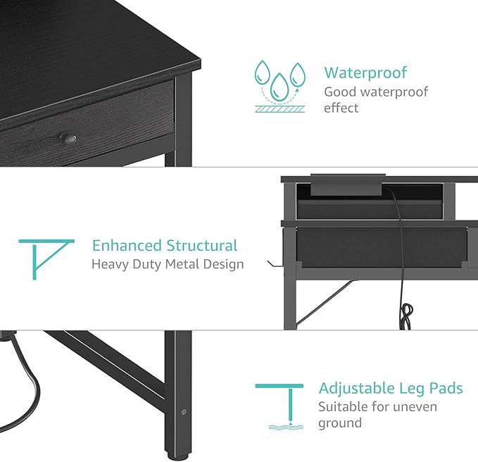 Lufeiya Small Desk with Drawers for Home Office Bedroom, 31 inch Black Writing Study Desks with Fabric Drawers Storage, Gaming Desk Table with Power Outlet & Monitor Stand, Black