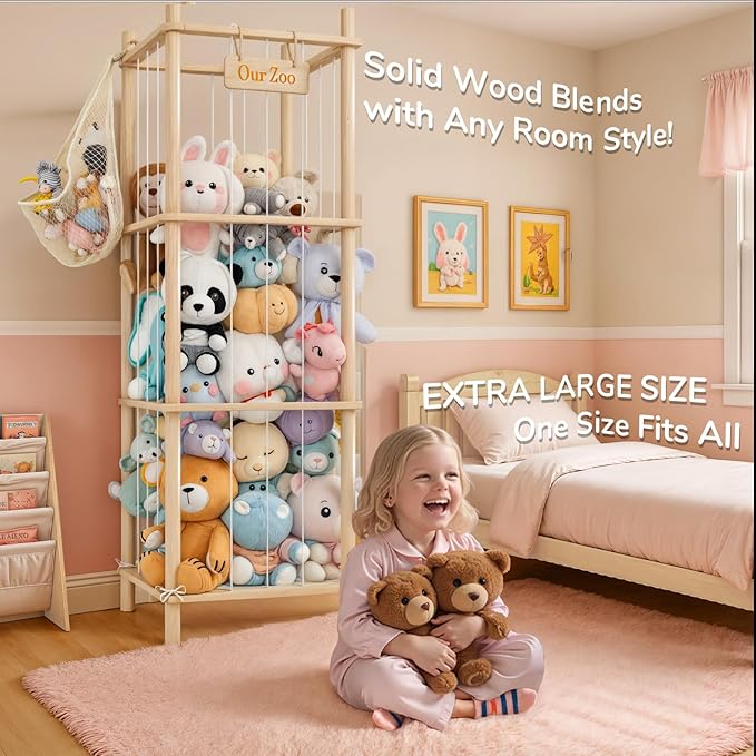 Stuffed Animal Storage or Organizer, Wooden Zoo Cage Toy Holder with Plush Hammock and Net Bottom for Toddlers Playroom, Bedroom