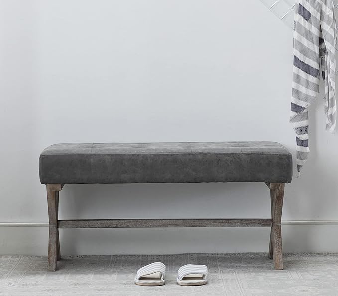 chairus PU Leather Upholstered Entryway Bench, 36 inch Bedroom Bench Seat with X-Shaped Wood Legs for Living Room, Foyer or Hallway - Gray