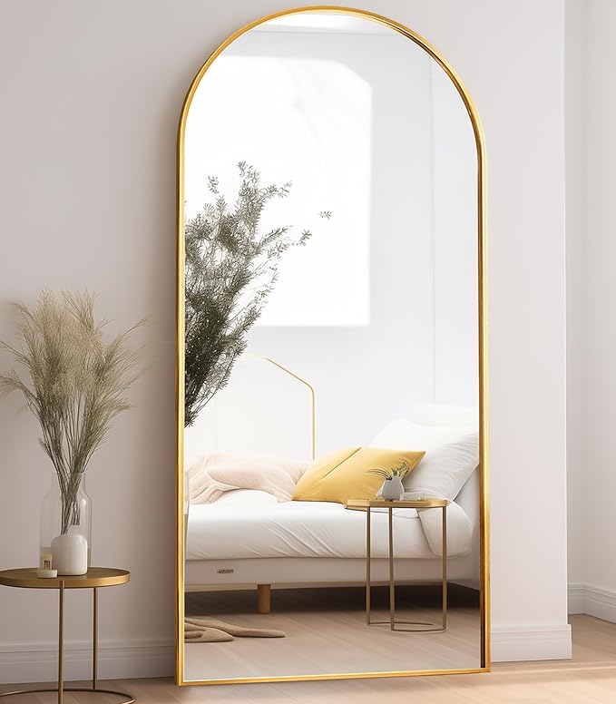 Floor Length Mirror, 81"x41" Arch Full Length Mirrors Full Length Hanging or Leaning with Stand, Wall Mounted Mirrors, Arched-Top Body Mirror with Aluminum Frame for Bedroom (Gold)