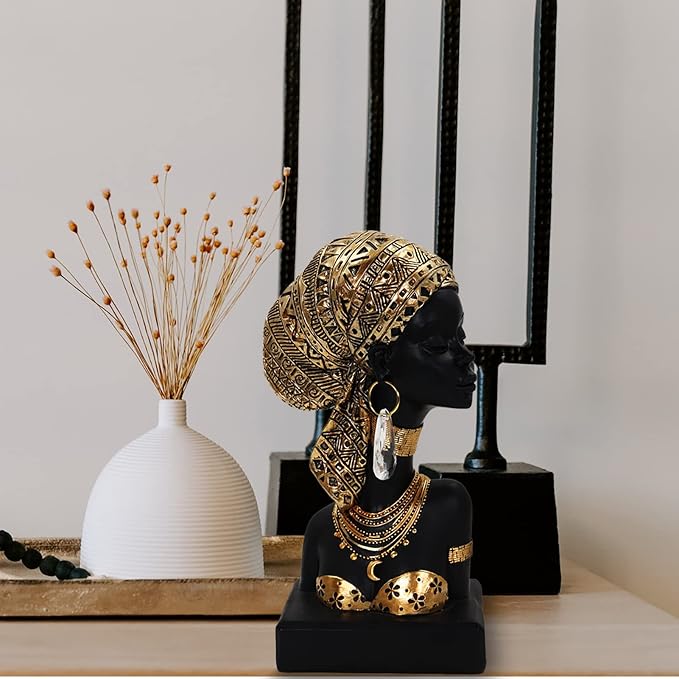 African Statues for Home Decor, Sculptures Decorations for Living Room, 8.7'' African Lady Art Bust Figurines, Black Vintage Aesthetic Ornament for Shelf and Tables, Décor Accents Gifts for Women