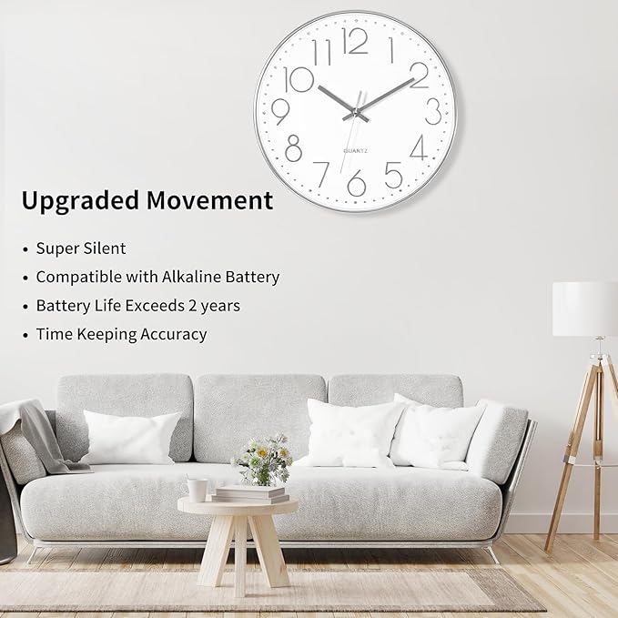 Foxtop 14 Inch Large Silver Wall Clock Silent Non-Ticking Battery Operated Round Quartz Modern Wall Clock Decorative for Living Room Bedroom Kitchen Home Office