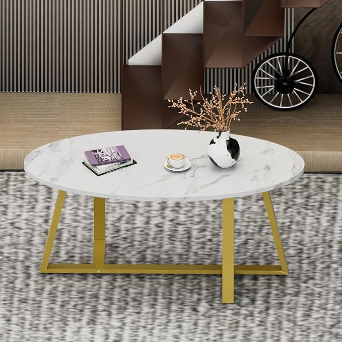 Coffee Table White Faux Marble Coffee Table for Living Room,Oval Center Tables Modern Tea Table for Small Space,Wooden Living Room Tables End Table with Sturdy Gold Metal Leg