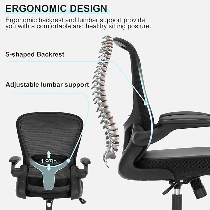 Office Chair, Ergonomic Desk Chair with Flip-up Armrests, PU Leather Computer Chair Home Office Desk Chairs with Lumbar Support, Mesh Swivel Executive Chair Rolling Task Chair, Black