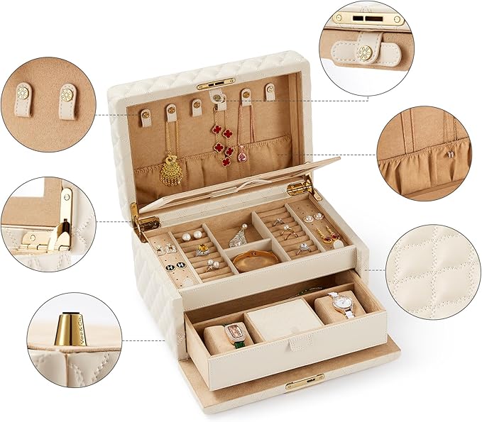 VEE&CO. Jewelry Box,Diamond Quilted Leather jewelry organizer earring holder organizer necklace organizer 2-Layer Jewelry Case with Drawers, with Key Lock,gifts for women (beige, Medium)