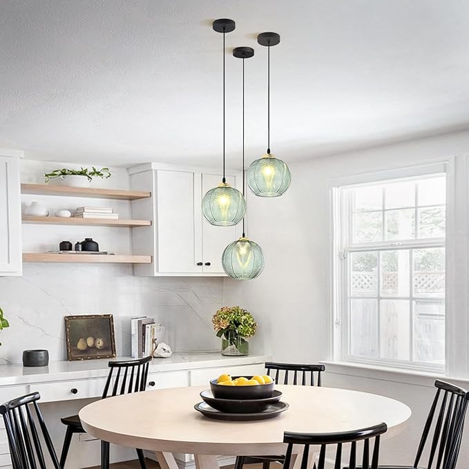 KCO Lighting Single Green Glass Pendant Light Large Globe Pendant Lighting Nordic Ribbed Ceiling Hanging Chandelier Light Vintage Dining Room Kitchen Island Light Fixture